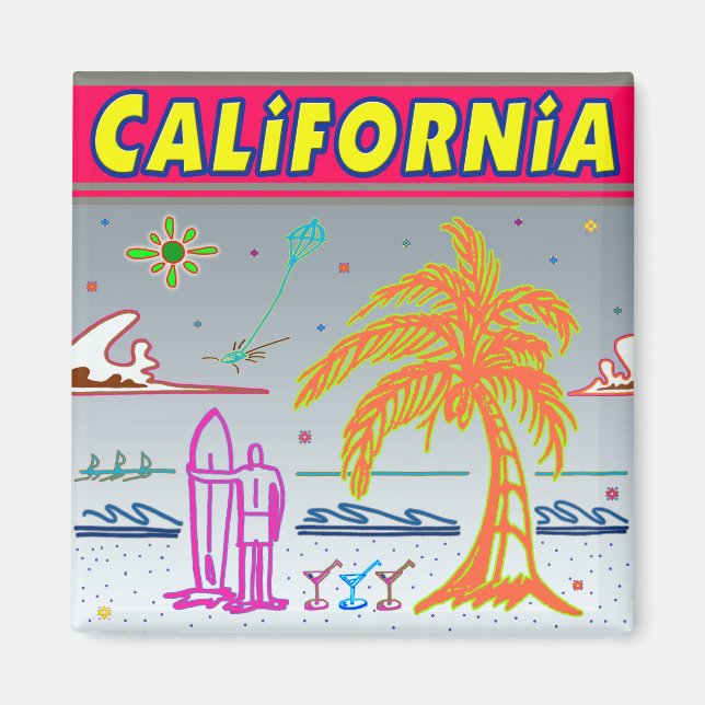 Imán "CALIFORNIA" Escuela Magnet de Playa de Surfista (Frente)