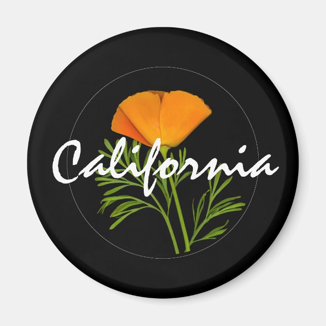 Imán California Poppy en negro con texto "California" (Frente)