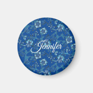 Imán Caligrafía Elegante Azul Floral Nombre Personaliza