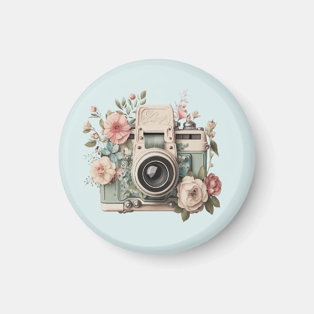 Imán Cámara con imagen retro pastel de flores (Frente)