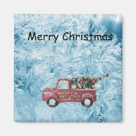 Imán Camión de cosecha roja sobre fondo de copo de niev