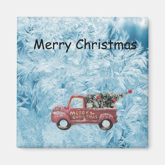 Imán Camión de cosecha roja sobre fondo de copo de niev (Frente)