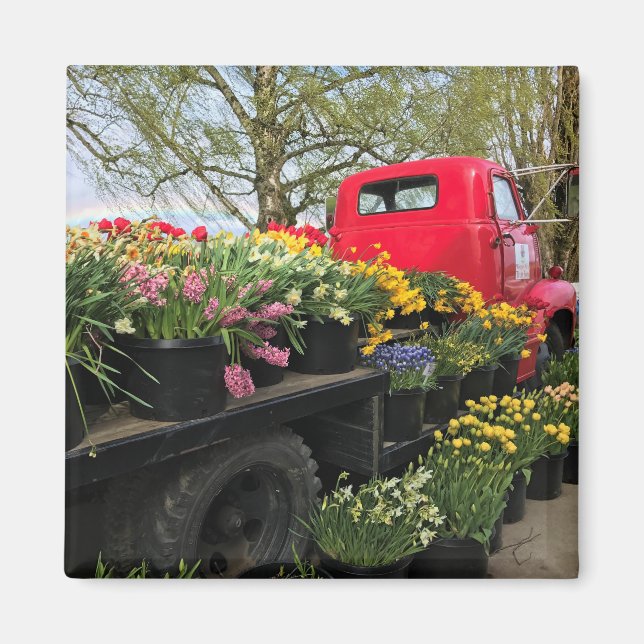 Imán Camión rojo con flores de primavera y arcoiris (Frente)