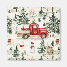 Imán Camión rojo con regalos y muñeco de nieve