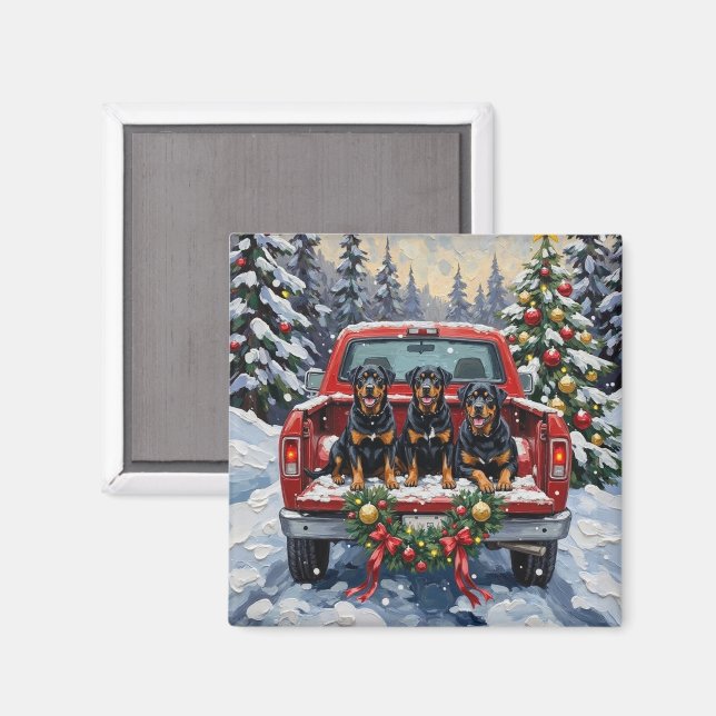 Imán Camión Rojo de Navidad Rottweiler Fiesta (Anverso/Reverso)