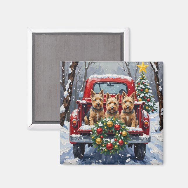 Imán Camión Rojo Navideño Terrier Escocés Fiesta (Anverso/Reverso)