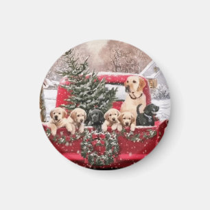 Imán Camión Rojo Retro Navidades Con Perros De Cachorr