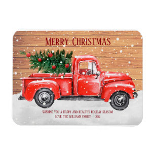 Imán Camión rojo vintage de árbol de navidad rústico