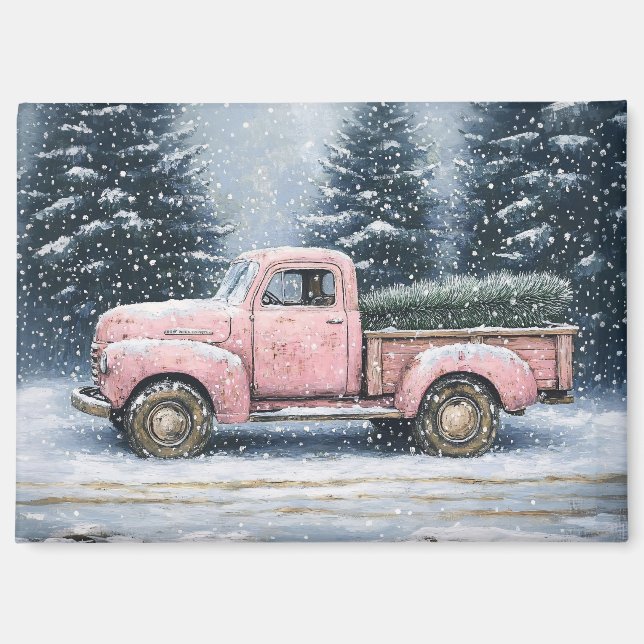 Imán Camión rosa de época llevando un árbol de Navidad (Anverso)