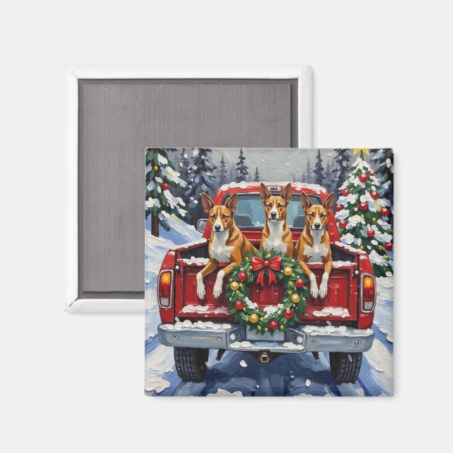 Imán Camioneta Roja de Navidad Basenji Fiesta (Anverso/Reverso)