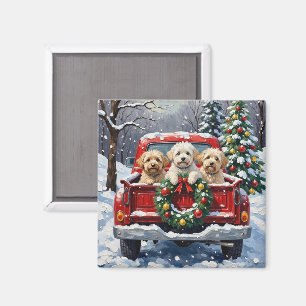 Imán Camioneta Roja de Navidad Bichon Frise Fiesta