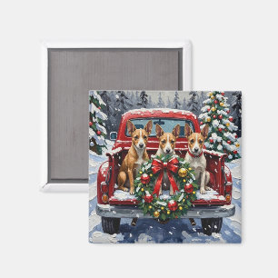 Imán Camioneta Roja de Navidad con Rat Terrier Festejo