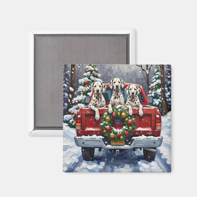 Imán Camioneta Roja de Navidad Dalmatian (Anverso/Reverso)