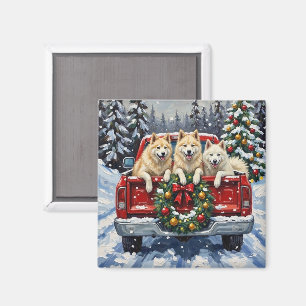 Imán Camioneta Roja de Navidad Samoyed Fiesta