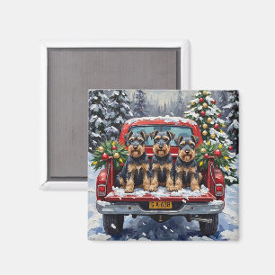 Imán Camioneta Roja de Navidad Schnauzer Fiesta