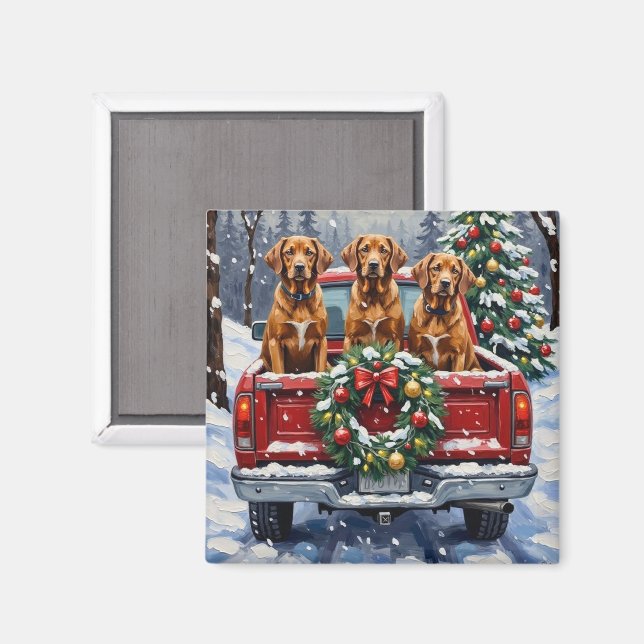 Imán Camioneta Roja de Navidad Vizsla Fiesta (Anverso/Reverso)