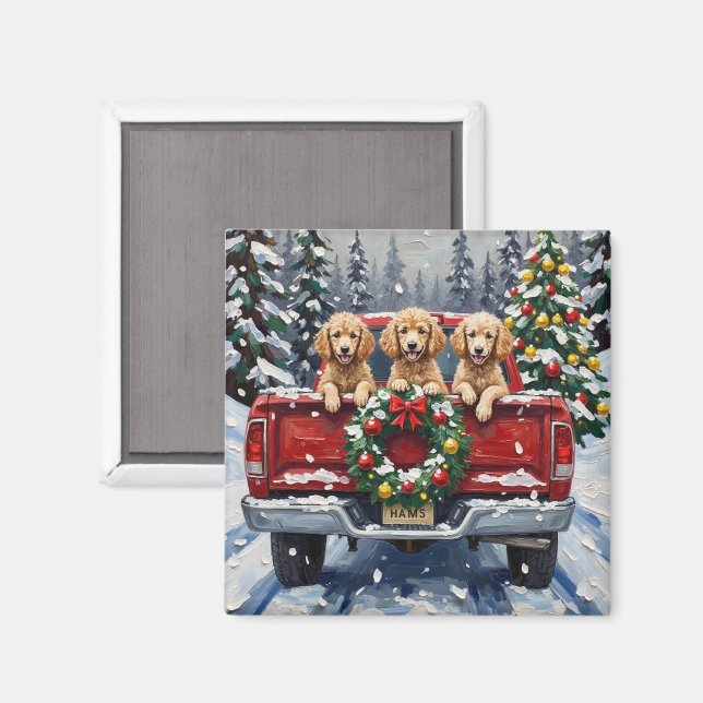 Imán Camioneta Roja Navideña de Caniche Fiesta (Anverso/Reverso)