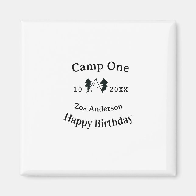 Imán Campamento un feliz cumpleaños nombre fecha campin (Frente)