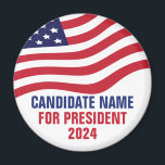 Imán Campaña electoral 2024 de personalizado<br><div class="desc">Candidato a campaña política personalizable imanes con la bandera estadounidense encima de tu texto en rojo,  blanco y azul. Añada su elección para presidente u otro cargo político en las elecciones de 2024. Texto personalizado negrita.</div>