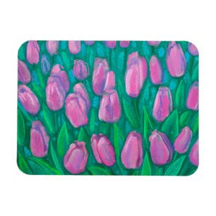 Imán Campo de tulipanes rosados, pintura con flores de 