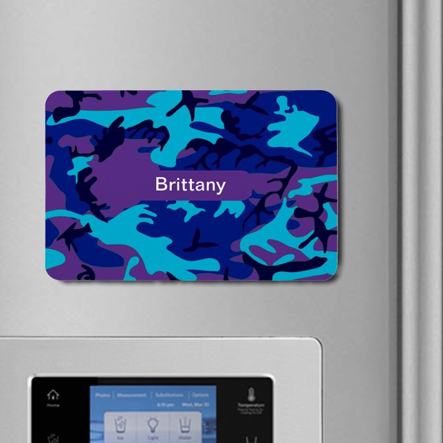 Imán Camuflaje Azul oscuro y Púrpura Patrón Añadir nomb (Camouflage Dark Blue & Purple Pattern Add Name Magnet)