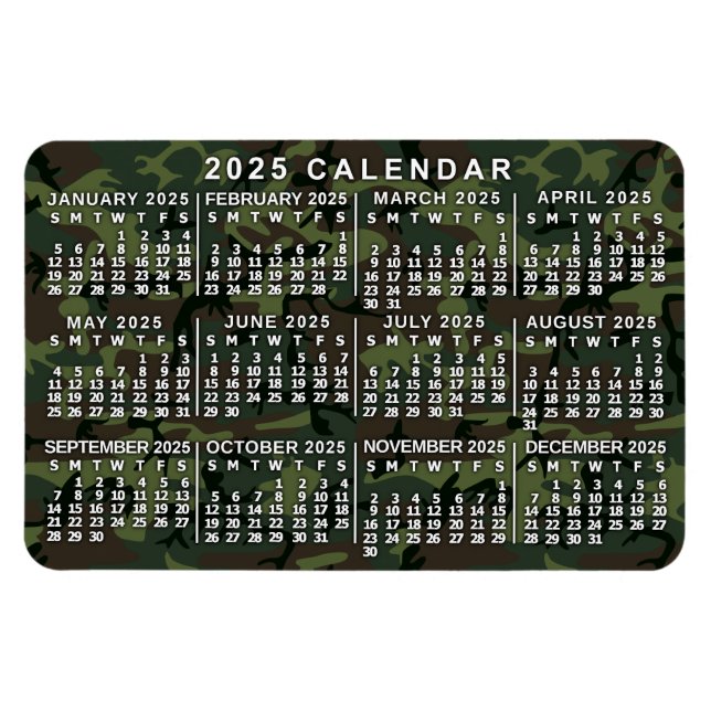 Imán Camuflaje del calendario mensual 2025 Camo Verde (Horizontal)