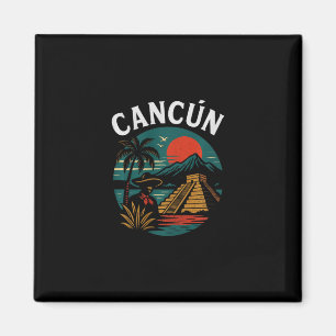 Imán Cancún México Vacaciones Retro Atardecer Pirámide 