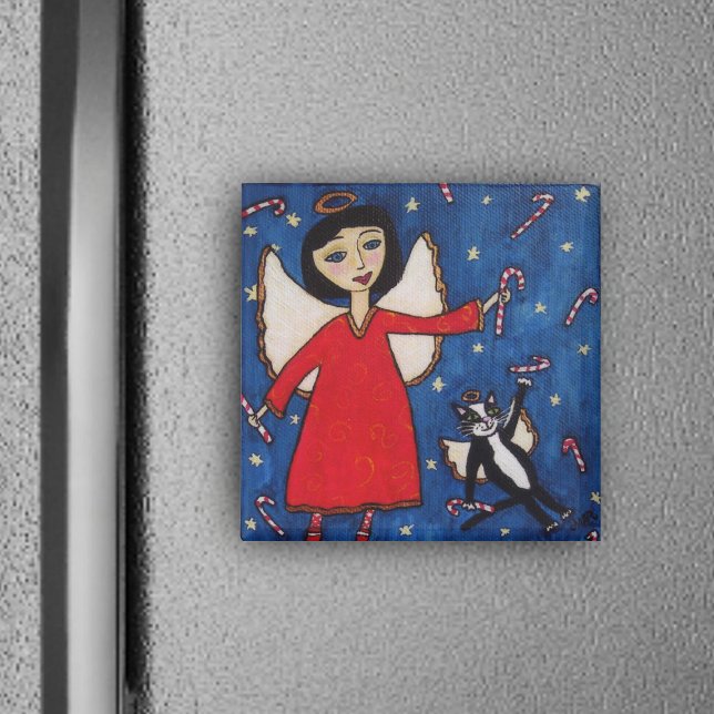 Imán Candy Cane Navidades Angel Magnet (Angel floating in blue sky stars with angel cat and candy canes on Christmas square magnet.)