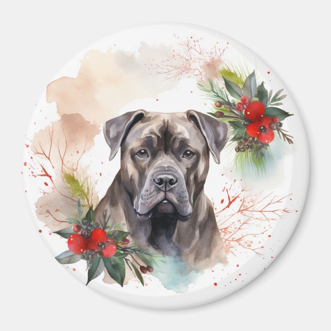 Imán Cane Corso Corona de Navidad Perro Festivo (Frente)