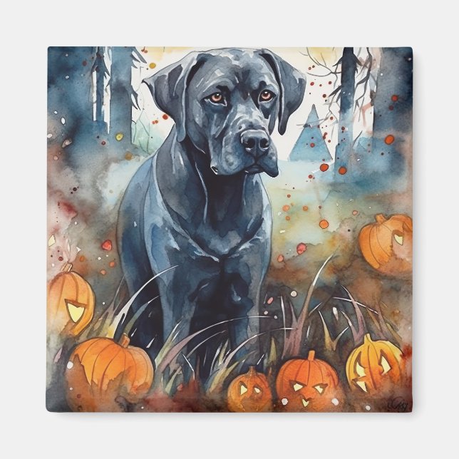 Imán Cane Corso de Halloween con calabazas espeluznante (Frente)