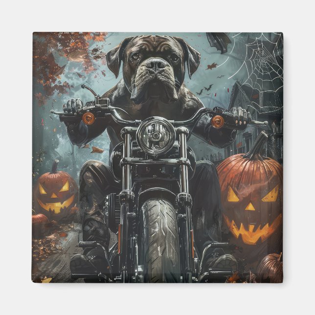 Imán Cane Corso montando motocicleta Halloween aterrado (Frente)