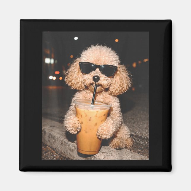 Imán Caniche bebiendo café helado meme divertido de per (Frente)