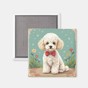 Imán Caniche blanco adorable con corbata de lazo