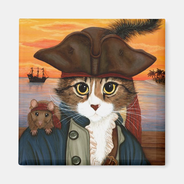 Imán Capitán Leo, Pirate Cat & Rat Fantasy Art Magnet (Frente)