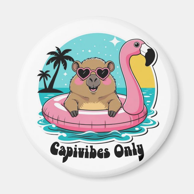 Imán Capivara Estilosa no Verão com Boia Rosa (Frente)