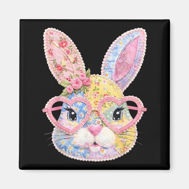 Imán Cara de conejo divertido Gles Patchwork floral con (Frente)