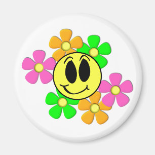 Imán Cara de sonrisa retro KRW y flores de neón