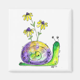 Imán Caracol alegre y caprichoso con flores amarillas