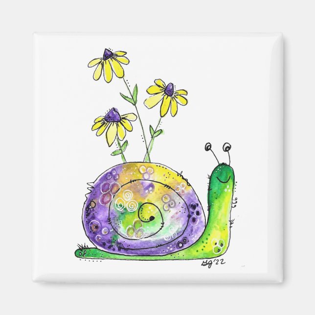 Imán Caracol alegre y caprichoso con flores amarillas (Frente)