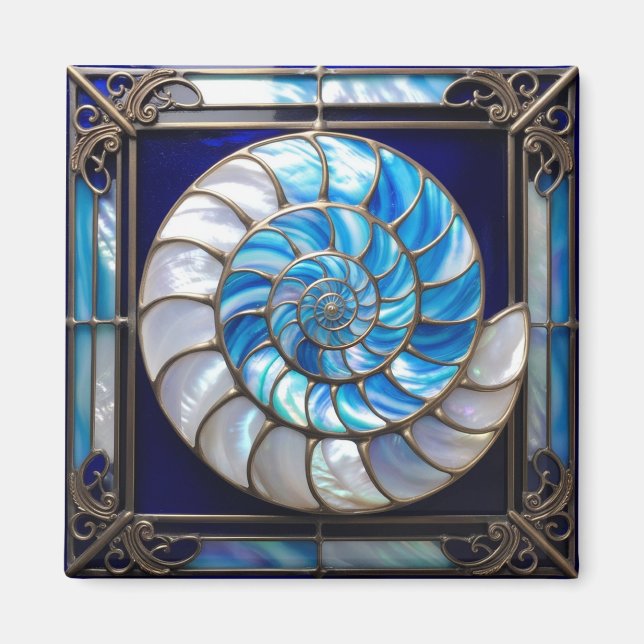 Imán Caracol Nautilus de Vidrio Falso Azul/Blanco 2 (Frente)