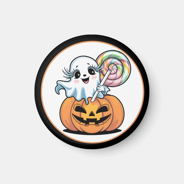 Imán Caramelo de Halloween Fantasma en Calabaza (Frente)