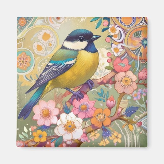 Imán Carbonero Común Herrerillo Pájaro Floral Flores Co (Frente)