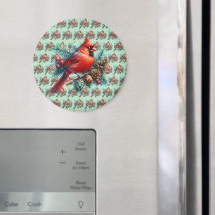 Imán Cardenal en rama de pino con bayas de invierno