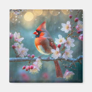 Imán Cardenal masculino en flor de cerezo a la luz de l
