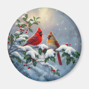 Imán Cardenales rojos y acebo en la nieve