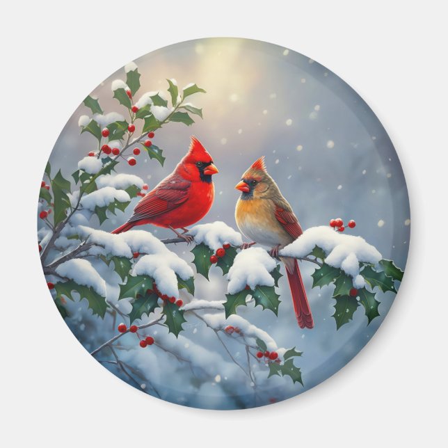 Imán Cardenales rojos y Holly en la nieve (Frente)