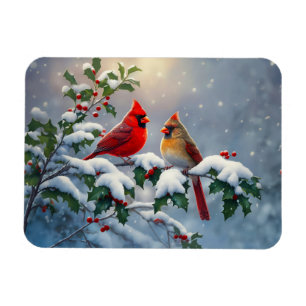 Imán Cardenales rojos y Holly en la nieve