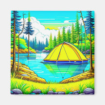 Carpa flotante en el lago tema camping