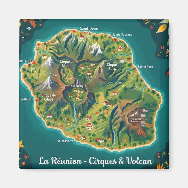 Imán Carte Illustrée La Réunion – Cirques & Volcan (Frente)