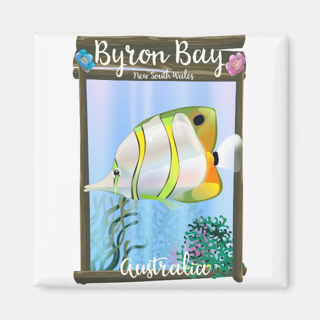 Imán Cartel de viaje a Byron Bay Australia. (Frente)